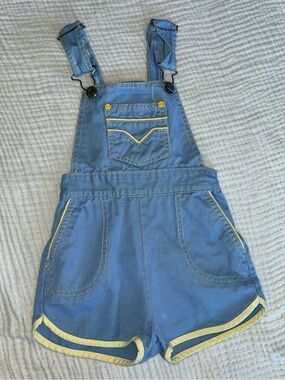 Vintage 100% cotton Blue and Yellow Trim Girls' Denim-Style Short Overalls